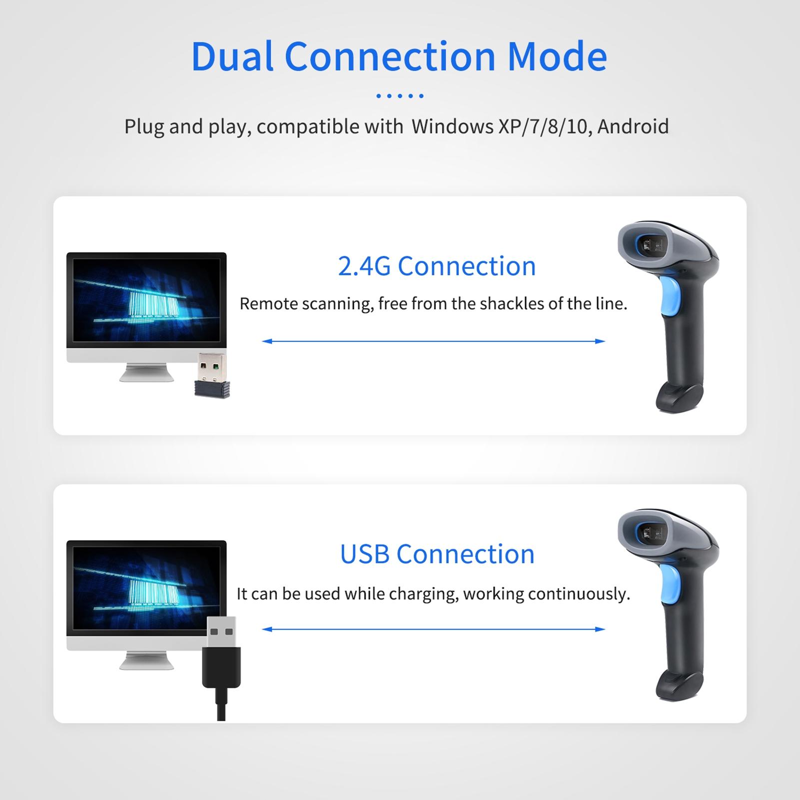 

Handheld Bar Scanner Dual Connection Mode 2.4G Wireless and USB Bar Reader 1DCelsius2DCelsiusQR Scanner for Retail Warehouse Logistics