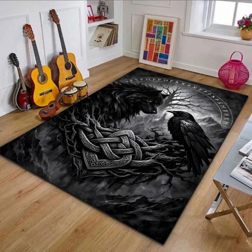Wolf and Raven Nordic Design Rug Patterned carpet, non slip mat suitable for living room and bedroom sofas