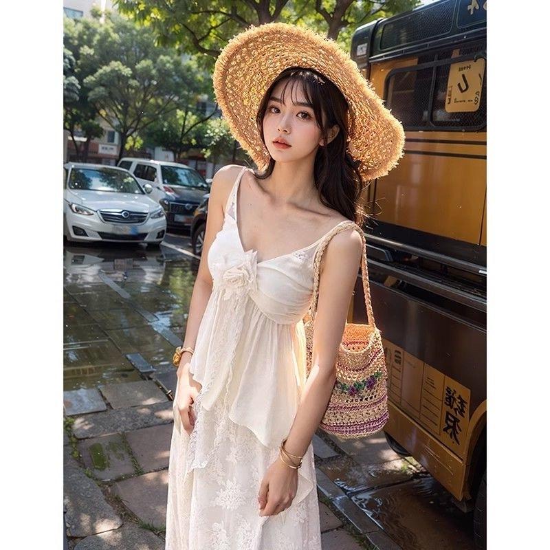 Mist White Tea, Summer New French Gentle Lace Splicing Skirt + Sleeveless Top Sweet Two-piece Set