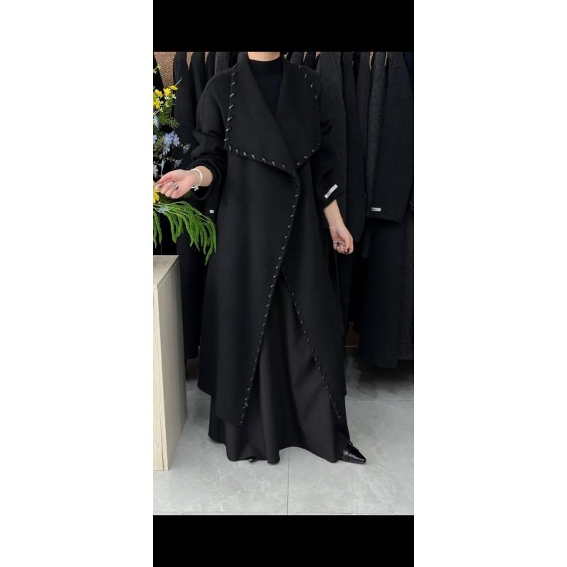 Womens Double-Faced Wool Coat Mid-Length Hand-Stitched Leather Trim Oversized Lapel Chic Korean Style Outerwear