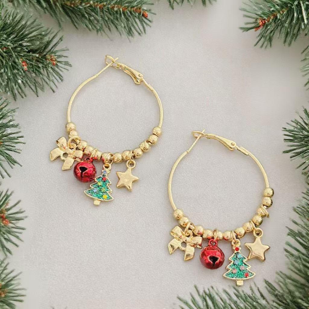 Festive Rhinestone Jingle Bell Earrings: Christmas Tree, Bowknot, Ear Pins & Hoops.