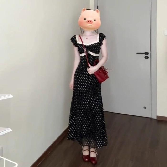 

French temperament black waist slim square neck flying sleeve polka dot dress long dress women s summer new S