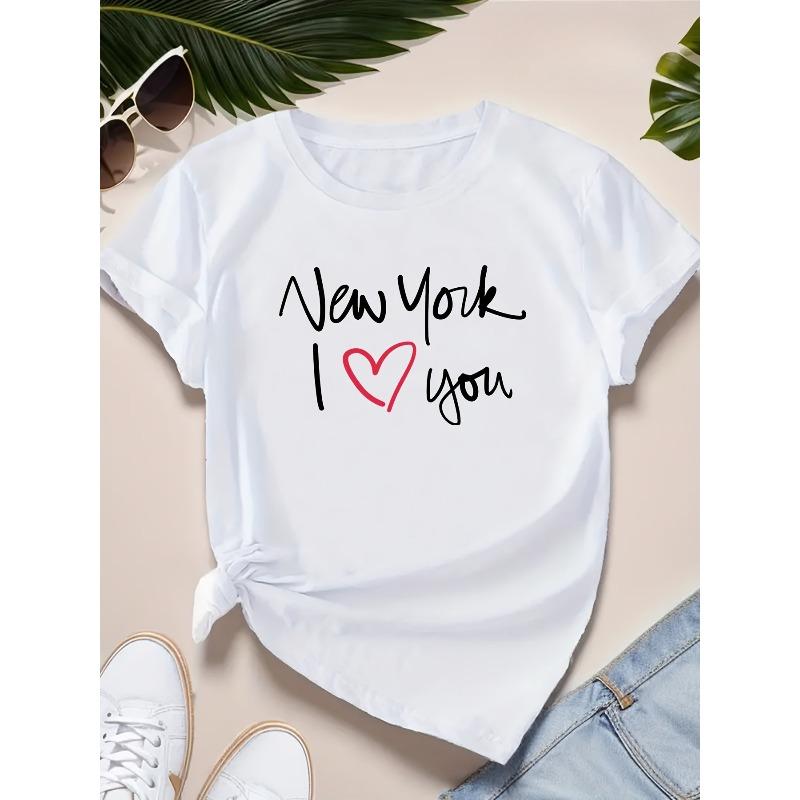 Taglie europee New York Ti Amo Grafica Casual, Comoda e Versatile per Moda Casa, Pendolarismo, Sport, Indossare, Maglietta da Tempo Libero da Donna