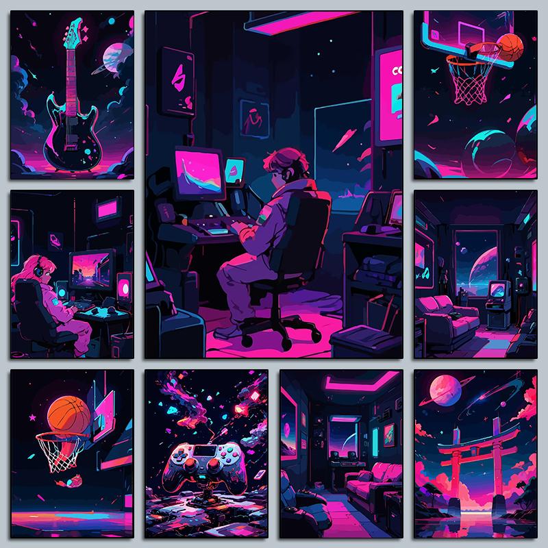 Retro-Futuristic Gaming Setup Posters Neon Lights Basket Ring Game Room Modern Prints Canvas Wall Picture Home Living Room Decor