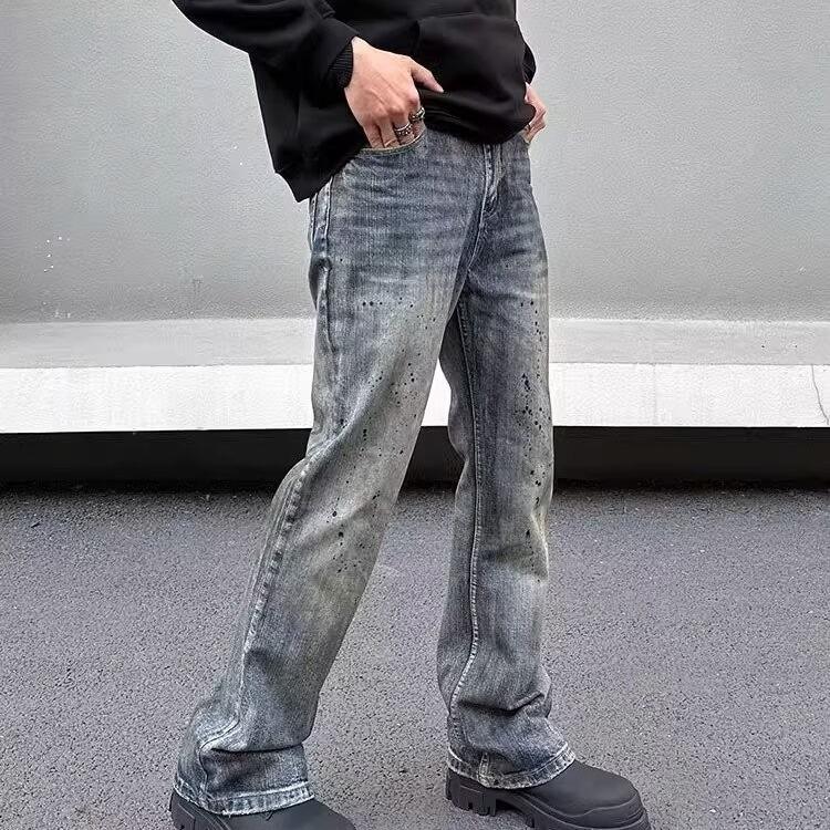 Pánské jarní a podzimní gradientně prané rozšířené džíny - Děrované, cool, volné rovné, pouliční styl, ležérní kalhoty