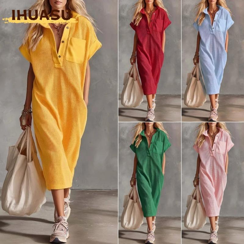 IHUASU Mode Zomer Lente Effen Kleur Print Korte Mouw POLO Kraag Casual Jurken