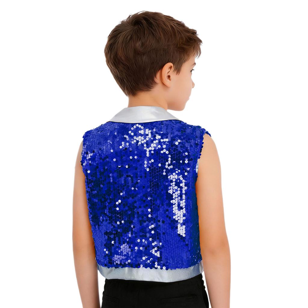 Gilet de Performance Scénique Danse Jazz pour Garçons à Franges Paillettes Scintillantes Revers de Couleur Contrastante Haut Sans Manches
