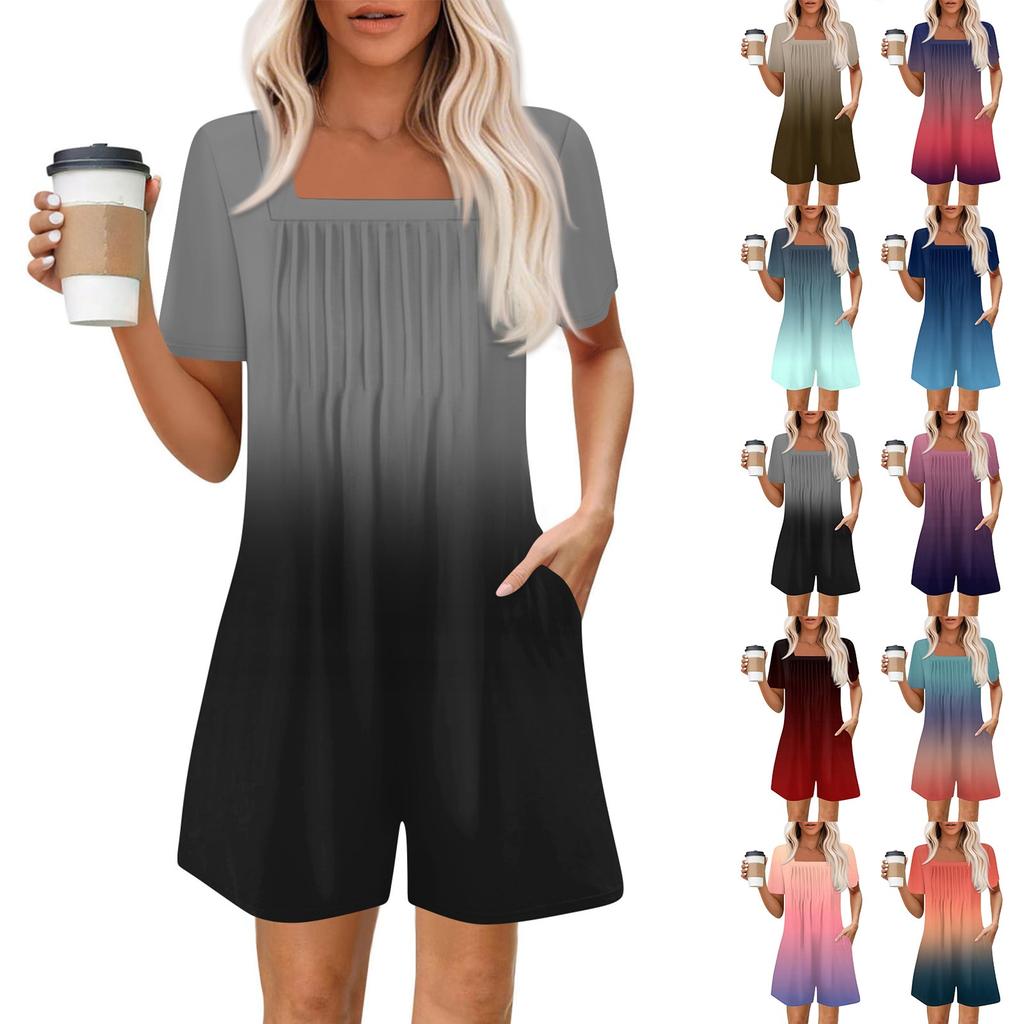 Salopetă de damă la modă și casual cu mânecă scurtă, cu buzunar plisat, salopetă scurtă imprimată