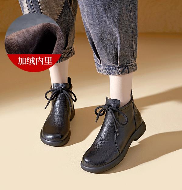 Winter leather soft-soled soft-faced mother cotton shoes with velvet warm heels medium and short boots