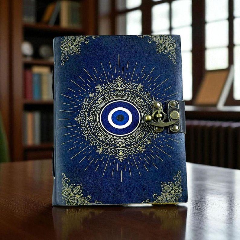 Handmade Evil Eye Leather Journal: Blue & Gold Book of Shadows