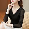 Autumn 2022 Women's V-Neck Mesh Lace Base Shirt - Chic Low Neck Long Sleeve Top