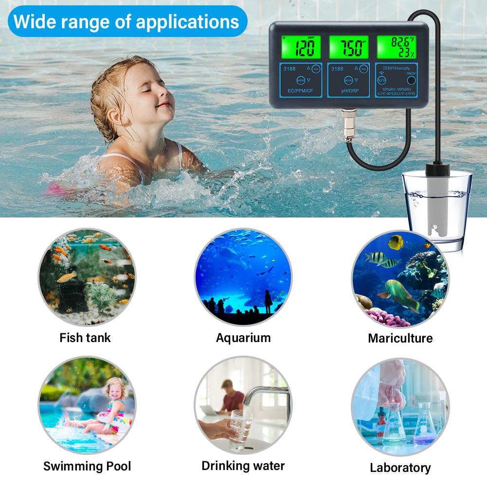 7-in-1 Quality Analyzer For Swimming Pools With Residual For Tuya WiF Suitable For Swimming Pools, Aquaculture, Fish Tanks
