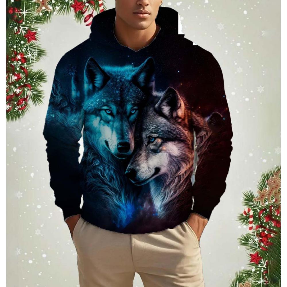 Men's Hooded Fashion Animal Wolf 3D Print Hoodies Top Spring Autumn Fashion Casual Long Sleeved Pullover Oversized Sweatshirts