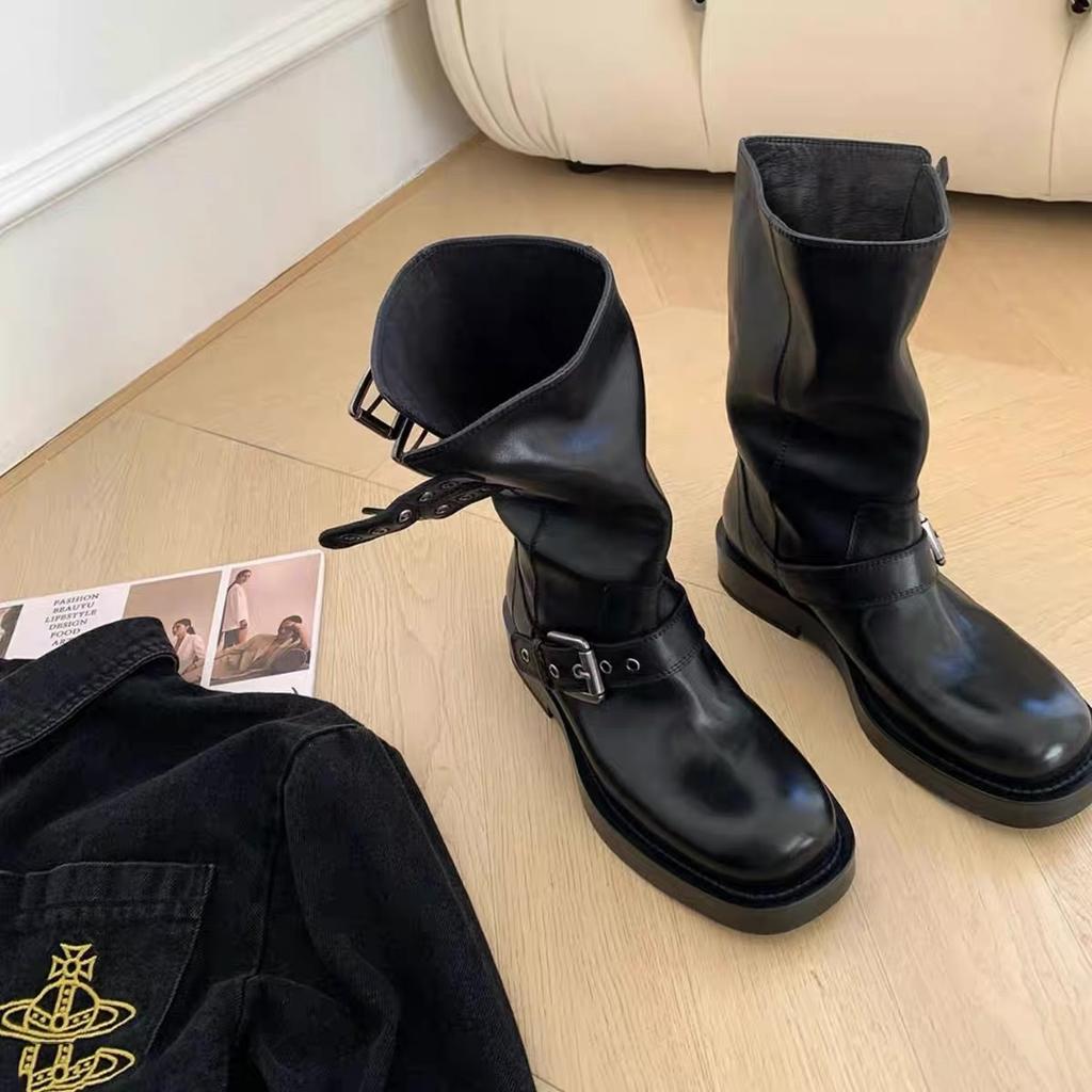 Martin Boots Women's Spring and Autumn Belt Buckle Round Head Knight Boots Retro Metal Short Boots Western Cowboy Platform Leather Boots