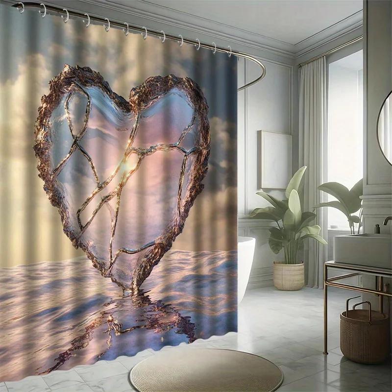 Heart Printed Shower Curtain Set - Ocean Background, 12 Hooks, Waterproof Polyester, Bathtub Partition, Modern Bathroom Decor