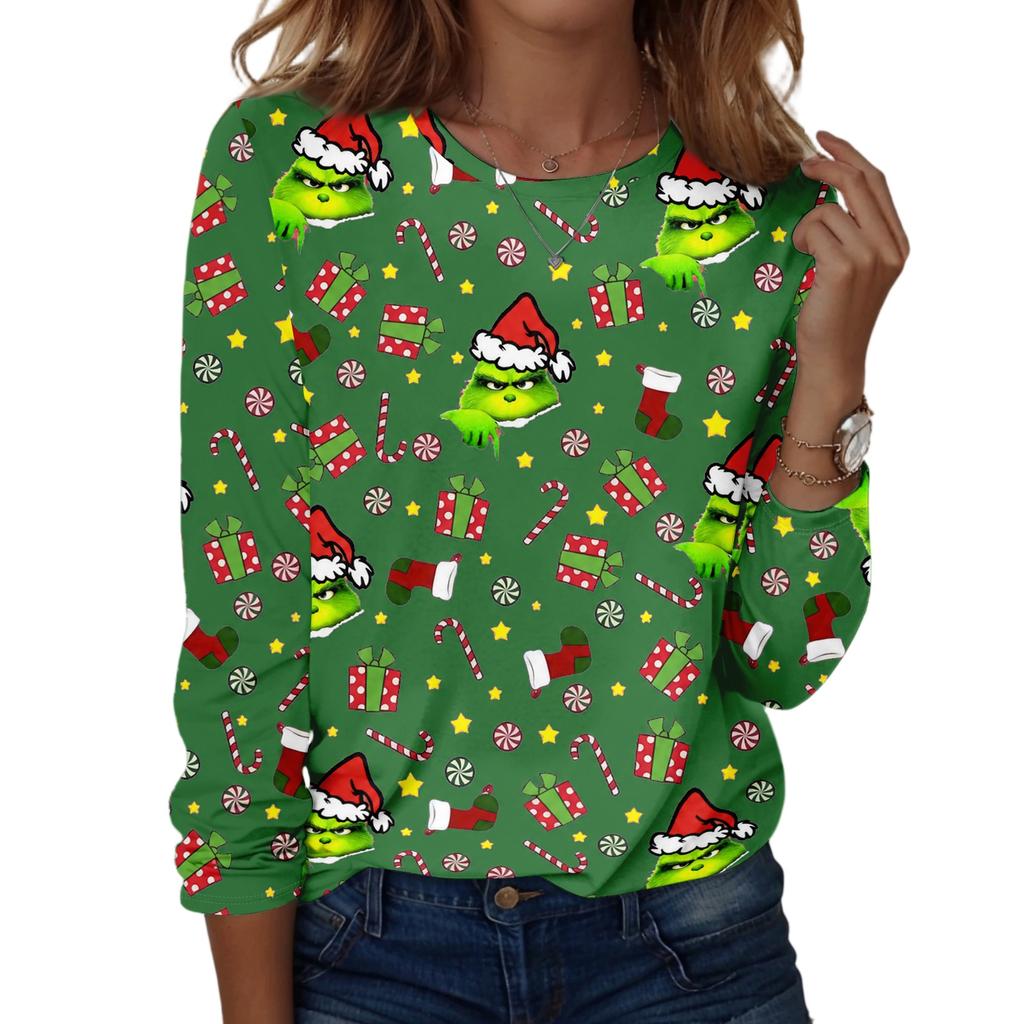 Women's Fashion Casual Christmas Print Crewneck Top for Holiday and Everyday Wear