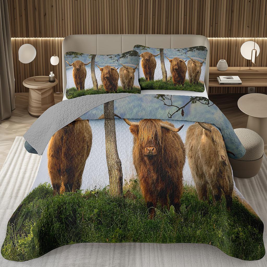 Hochlandkuh Tagesdecke Twin/King Bauernhoftier Stier Rind Überwurf Rustikaler Landhausstil Gestepptes Bettwäscheset Wendbare Tagesdecken