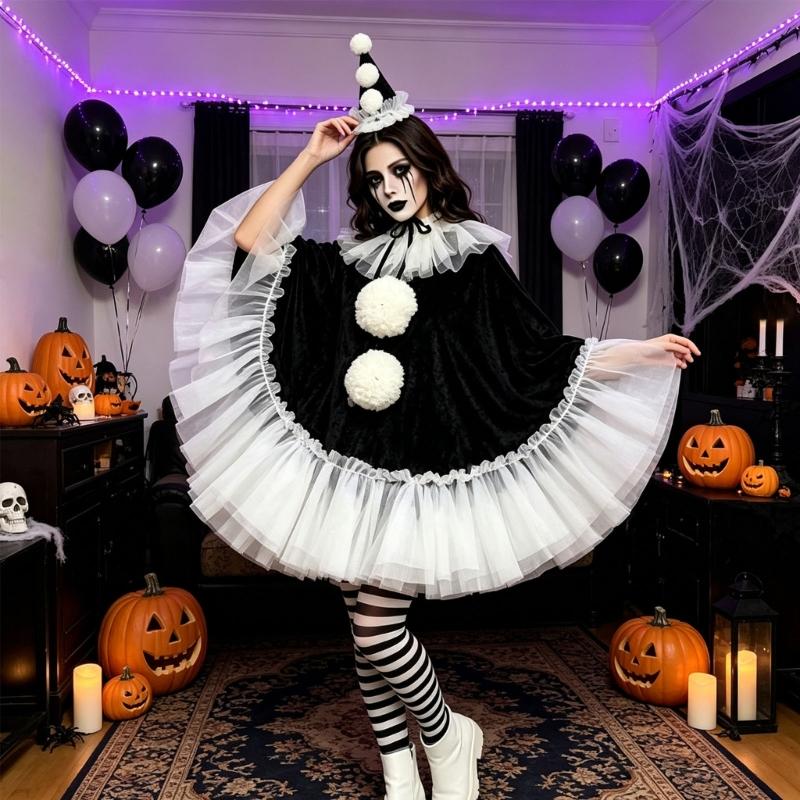Adult Halloween Outfit Set, Black White Party Costume with Ruffle Collar and Pull On Styling for Dance Photos