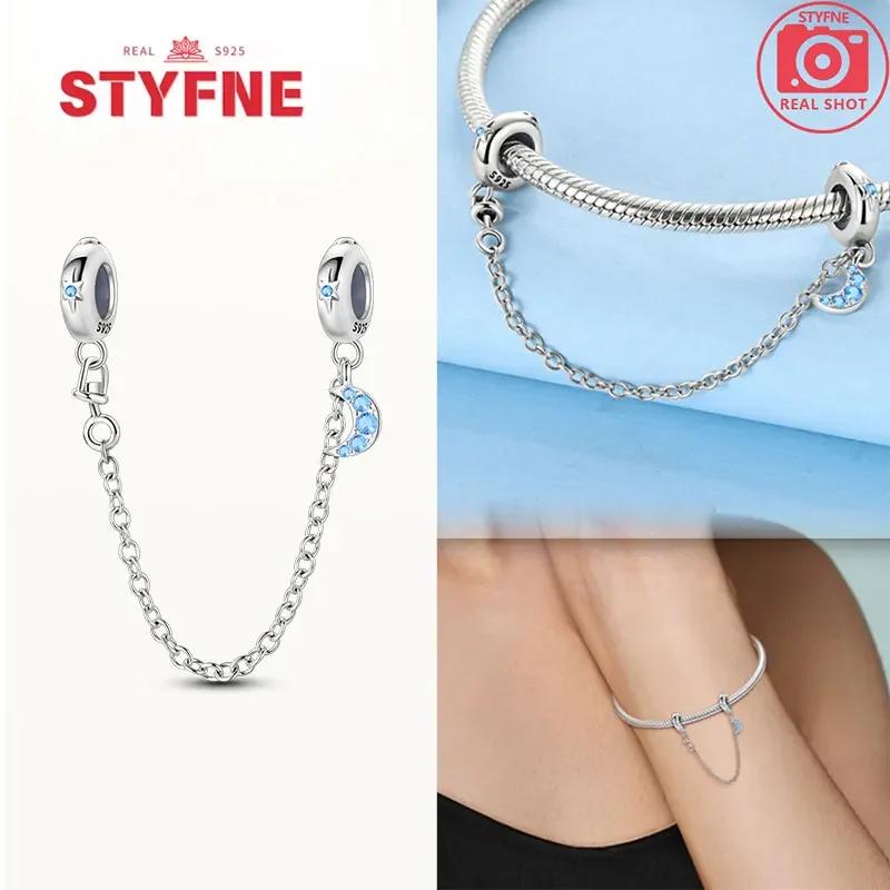 Real Silver 925 Star and Moon Flower Heart Safety Chain Wearable Jewelry Gift Bracelet DIY Beads for Women