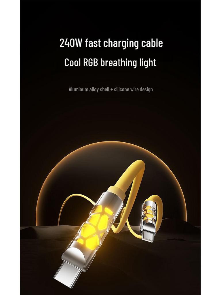 240W Fast Charging Silicone Cable with Colorful Light, Dual TYPE-C for Phones and Tablets