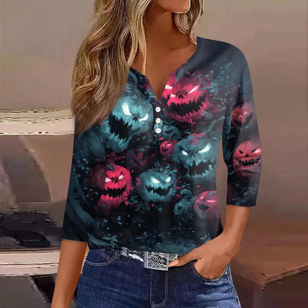 Dames T-shirt Tee Halloween Bedrukt Knoop 3/4 Mouw Tuniek Dagelijks Weekend Mode Basic V-hals Normale Top