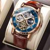 OLEVS Men's Automatic Watch Starry Sky Skeleton Luxury Waterproof Luminescent Brown Strap Blue Dial