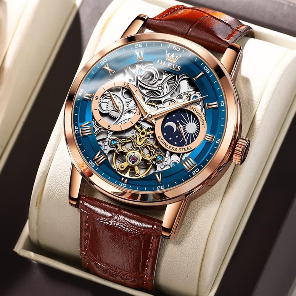 OLEVS Men's Automatic Watch Starry Sky Skeleton Luxury Waterproof Luminescent Brown Strap Blue Dial
