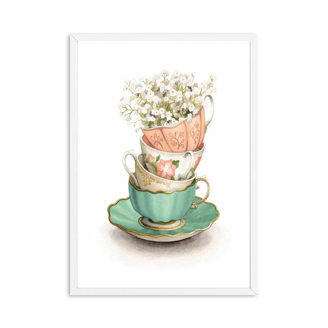 Nordic Vintage Teetassen Blume Moderne Kunst Leinwand Poster Drucke Malerei Für Küche Esszimmer Wand Dekor Bilder Wohnkultur