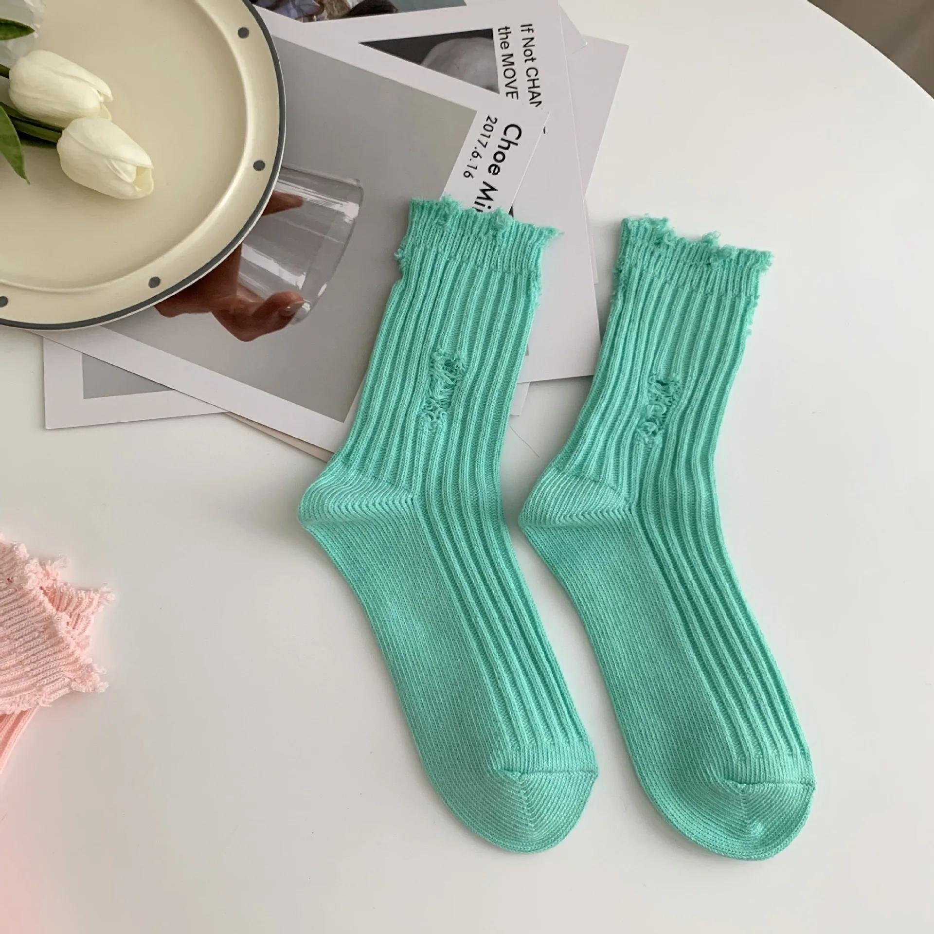 

Носки Harajuku Broken Hole для женщин, хип-хоп, скейтборд, нищие, хлопковые носки, средние, трикотажные, уличные чулки, модные, calcetines зелёный