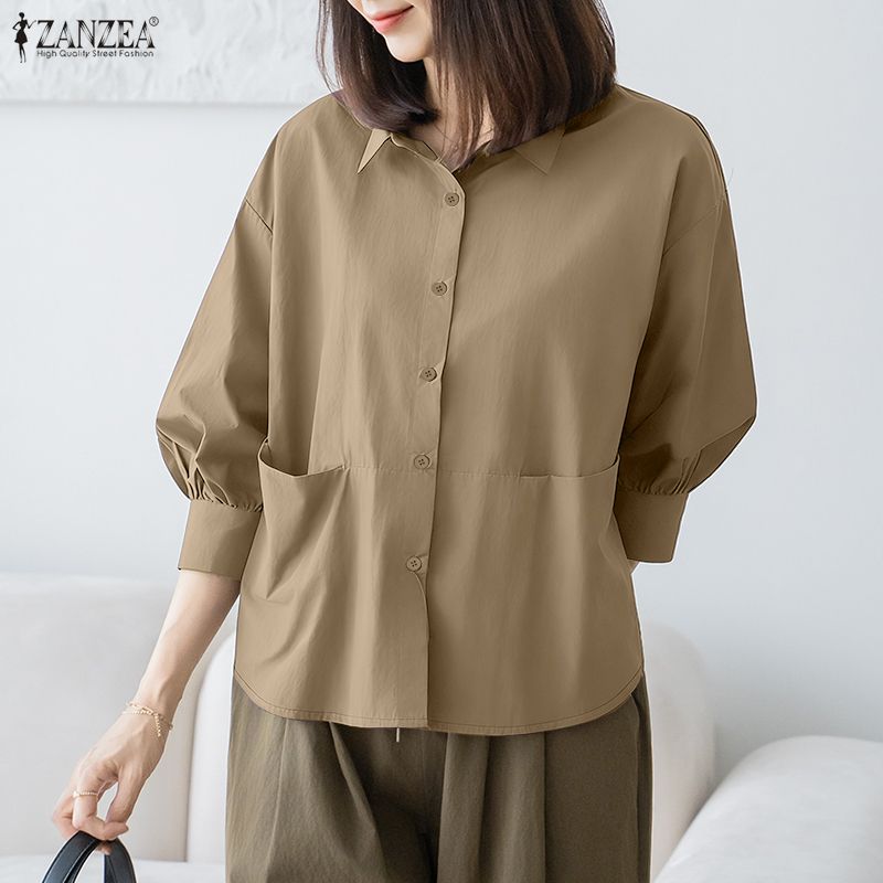 ZANZEA Bluzka damska casualowa z kołnierzykiem i luźnym rękawem 3/4