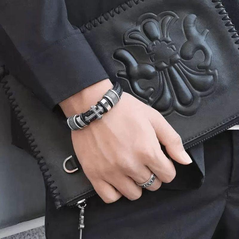 European and American Black Warrior Men's Leather Bracelet Trendy Punk Heavy Metal Cross Braided High-End Fashion Personalized Bracelet