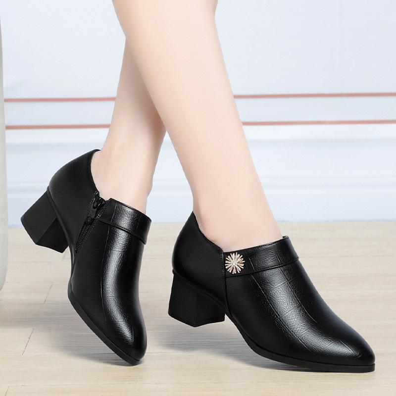 Comfortable Block High Heels Shoes Soft Leather 2024 Spring Autumn Elegant Office Ladies Short Plush Ankle Boots For Mom Model