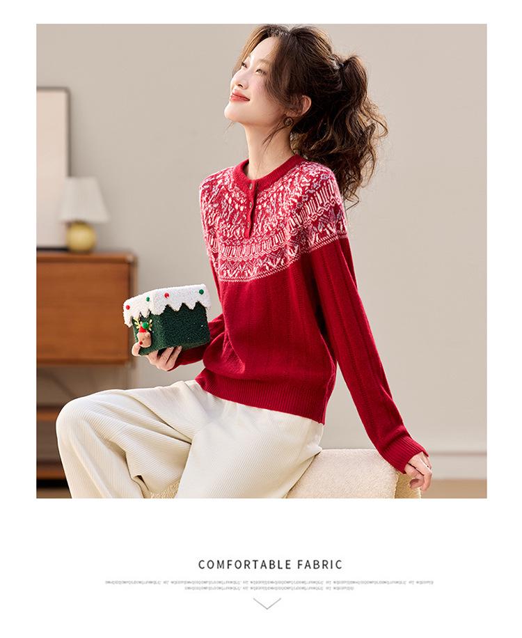 Red Fair Isle Jacquard Wool Sweater - Loose Round Neck Knit Top for Small Person