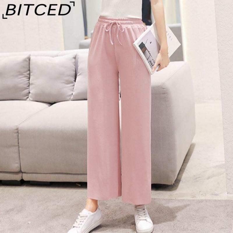 BITCED Ice Silk Cropped Trousers for Women Summer Lightweight High-Waisted Drapey Relaxed Fit Sun Protection Straight-Leg Wide-Leg Trousers