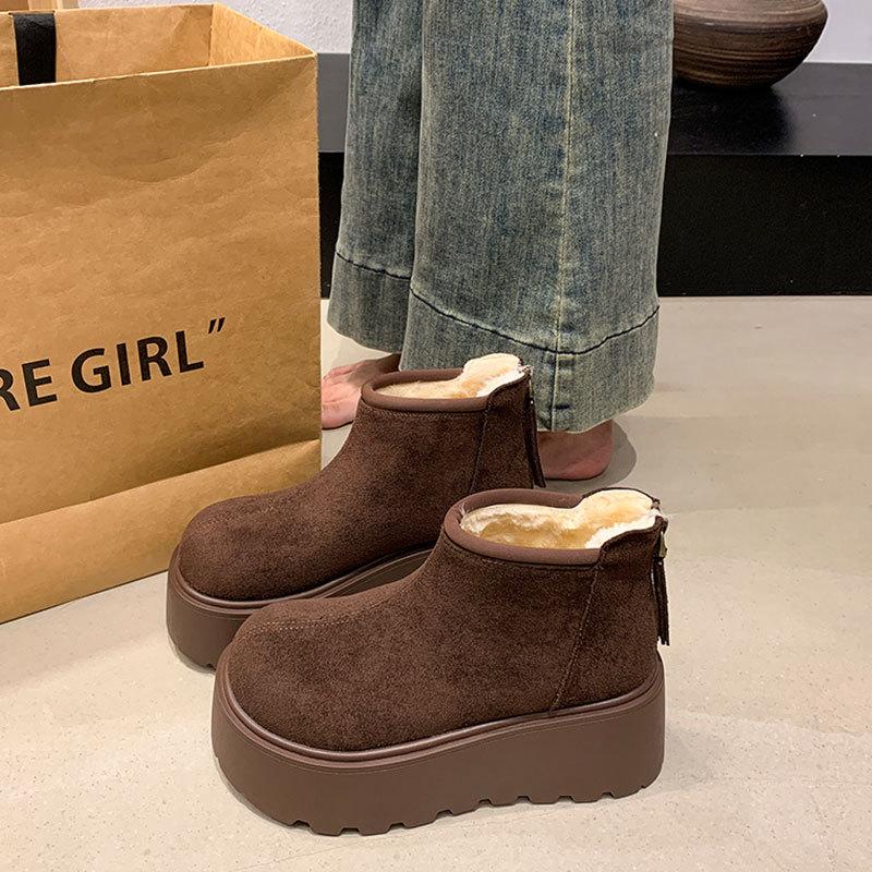Leather Heightened Thick-soled Snow Boots Women's New Winter Warm Short Boots Piled and Thickened Cotton Shoes