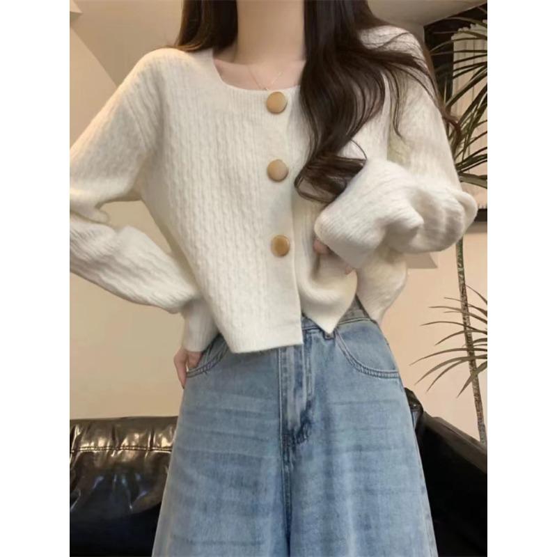 Damen Herbst/Winter Einfarbig Quadratischer Ausschnitt Knopf Strick Cardigan Pullover