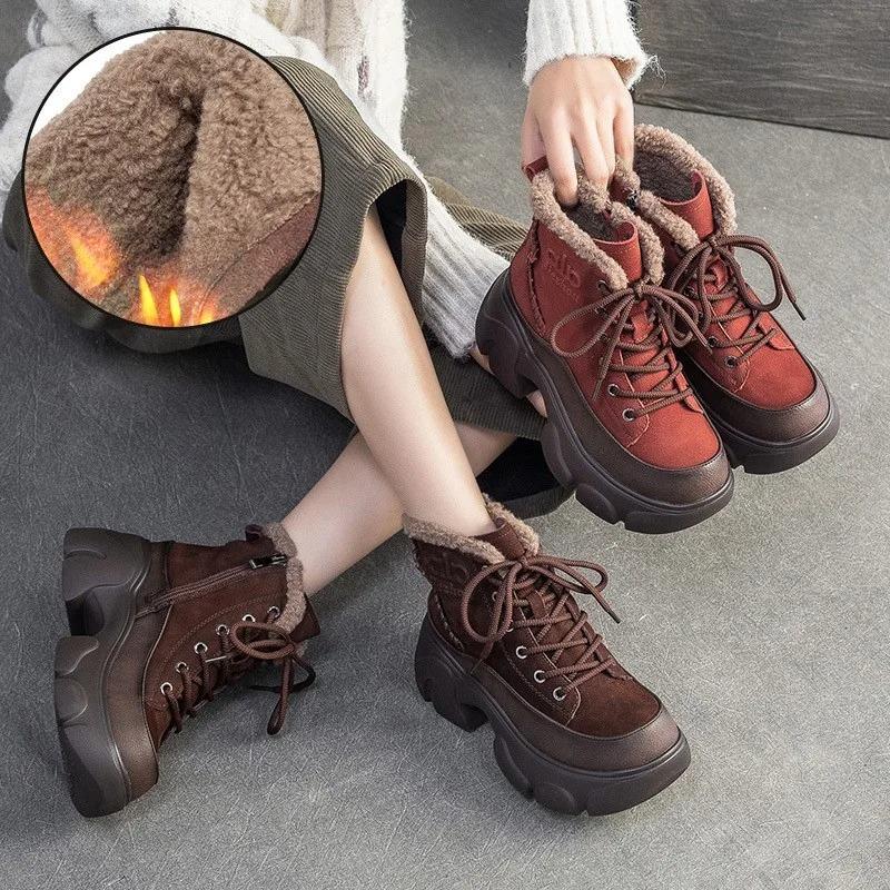 Johnature Plush Warm Genuine Leather Commuting Short Boots Retro Thick Soled Women's Shoes
