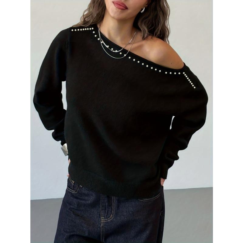 Women Rivet One Shoulder Long Sleeve Knitted Waist Slimming Casual Top