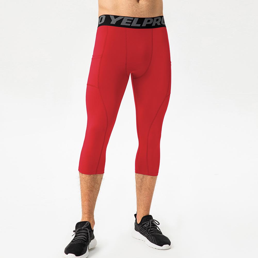 Herren Quick-Dry Fitness-Capris mit Taschen – Hoch elastische 7/8 Trainings-Tights L rot