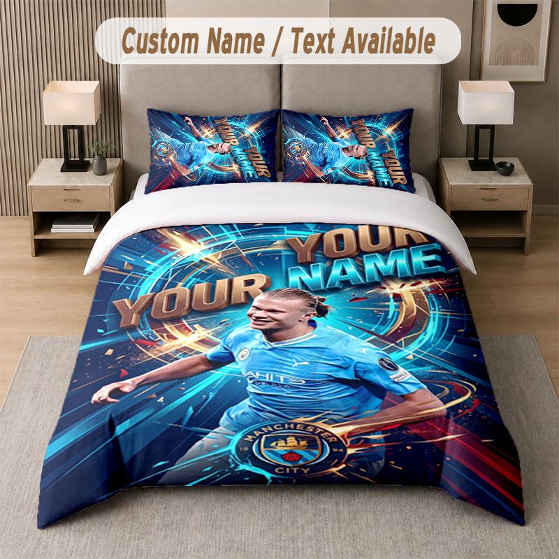 Custom Bedding Set Erling Haaland Pattern, Print Name Text 1 Duvet Cover Plus 2 Pillowcases Home Textile
