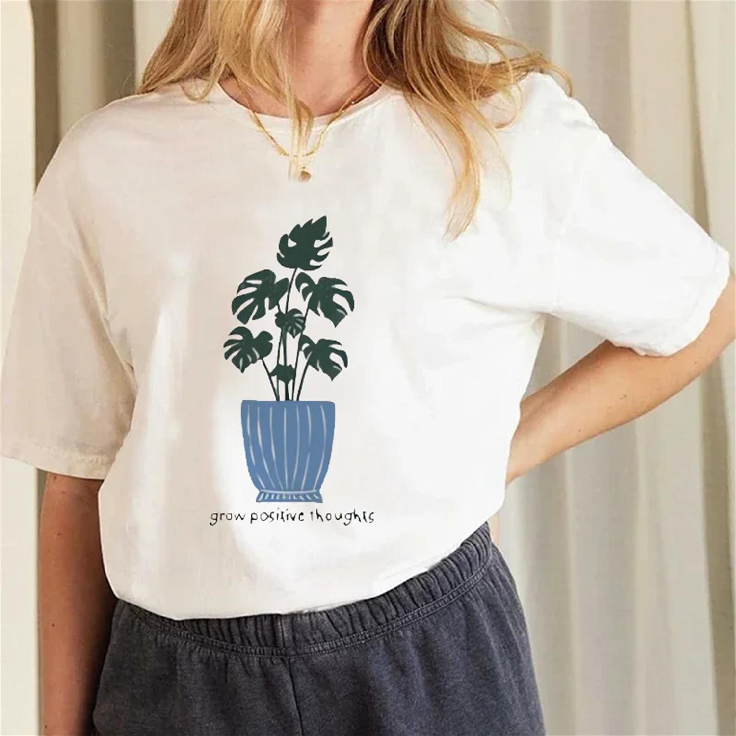 

T-Shirt Sweet Beauty Style Plant Can Printed Cartoon Basic Fashion Street New Watercolor Short Sleeve Clothing Women s T-Shirt XXXXXL