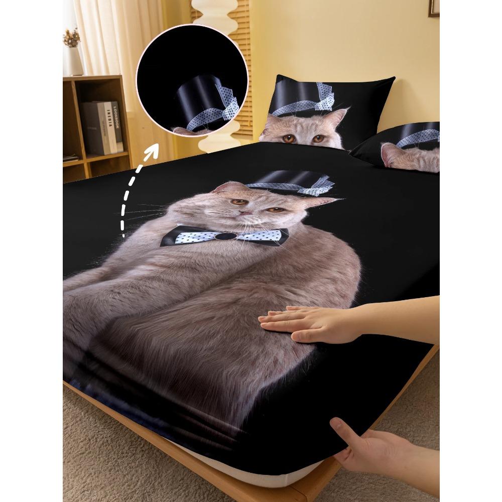 1 Cartoon Niedliches Tier Katze Digital Bedrucktes Mattiertes Spannbettlaken, Schlafzimmer Bedruckte Bettdecke, Bettwäsche(Kein Kissenbezug)