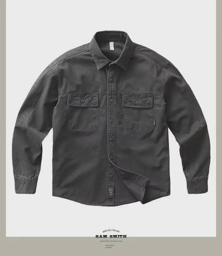 Shawn Yue Men's Japanese Style Workwear Shirt - Long Sleeve, Loose Fit, Washed Casual Jacket for Spring and Autumn