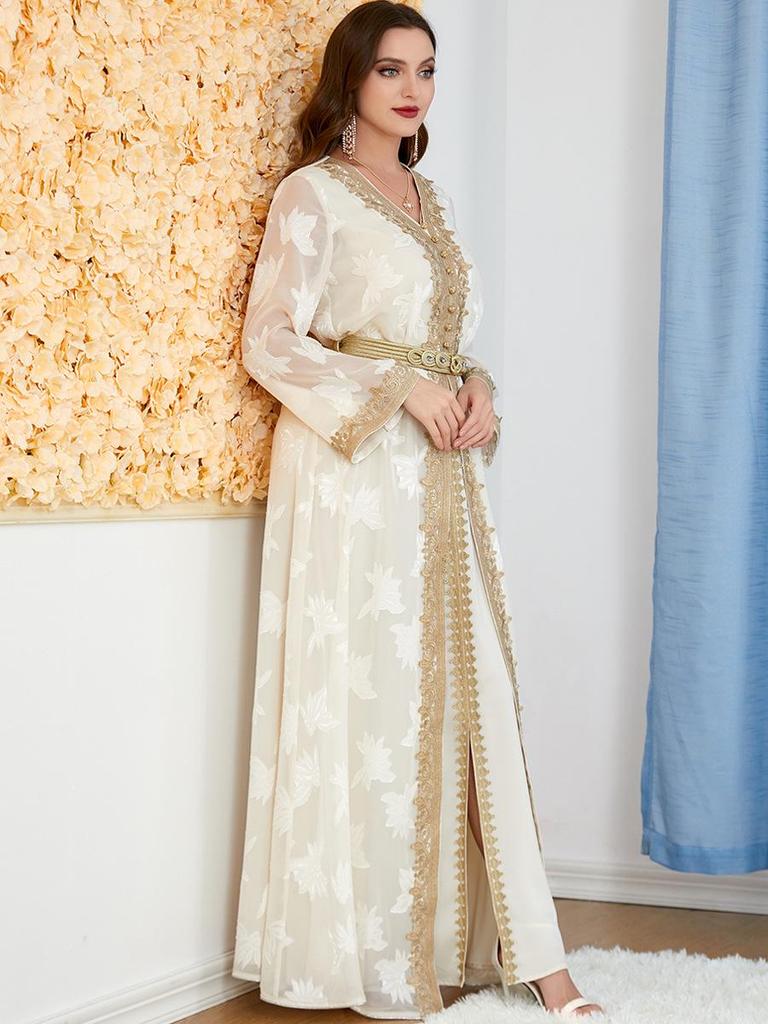 Women's V-neck Long Sleeve Middle Eastern Abaya Two-Piece Set Dress