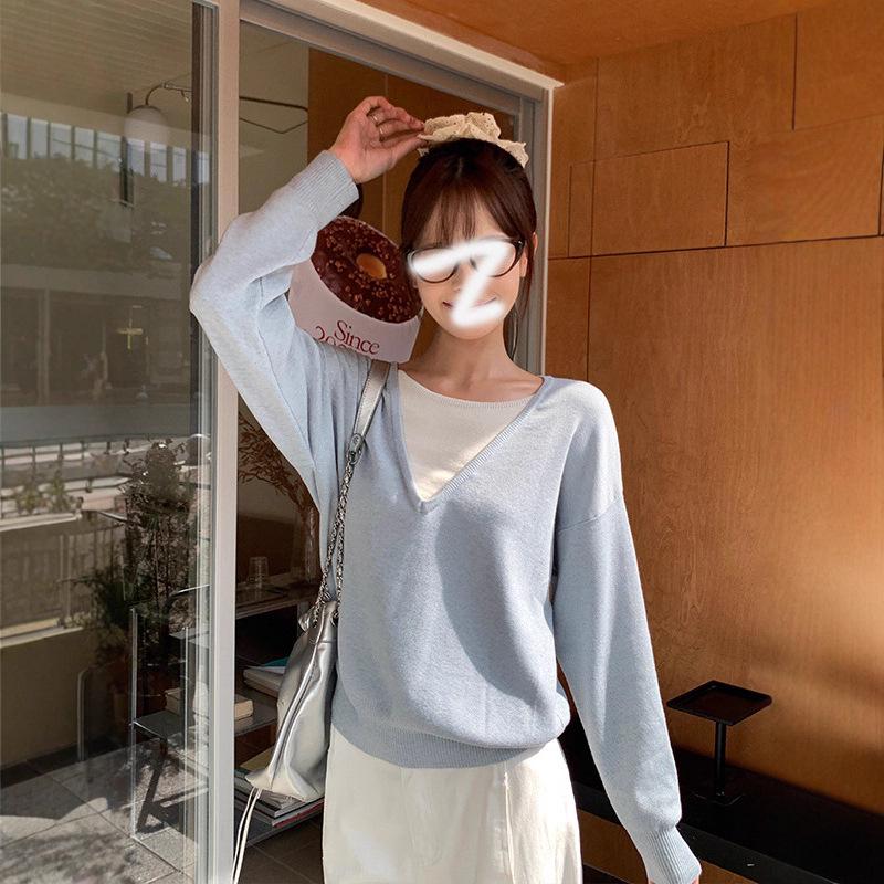 Women's Navy Blue Two-Piece Style Knit Sweater: Autumn/Winter, Loose Fit, Long-Sleeved, Korean-Inspired.