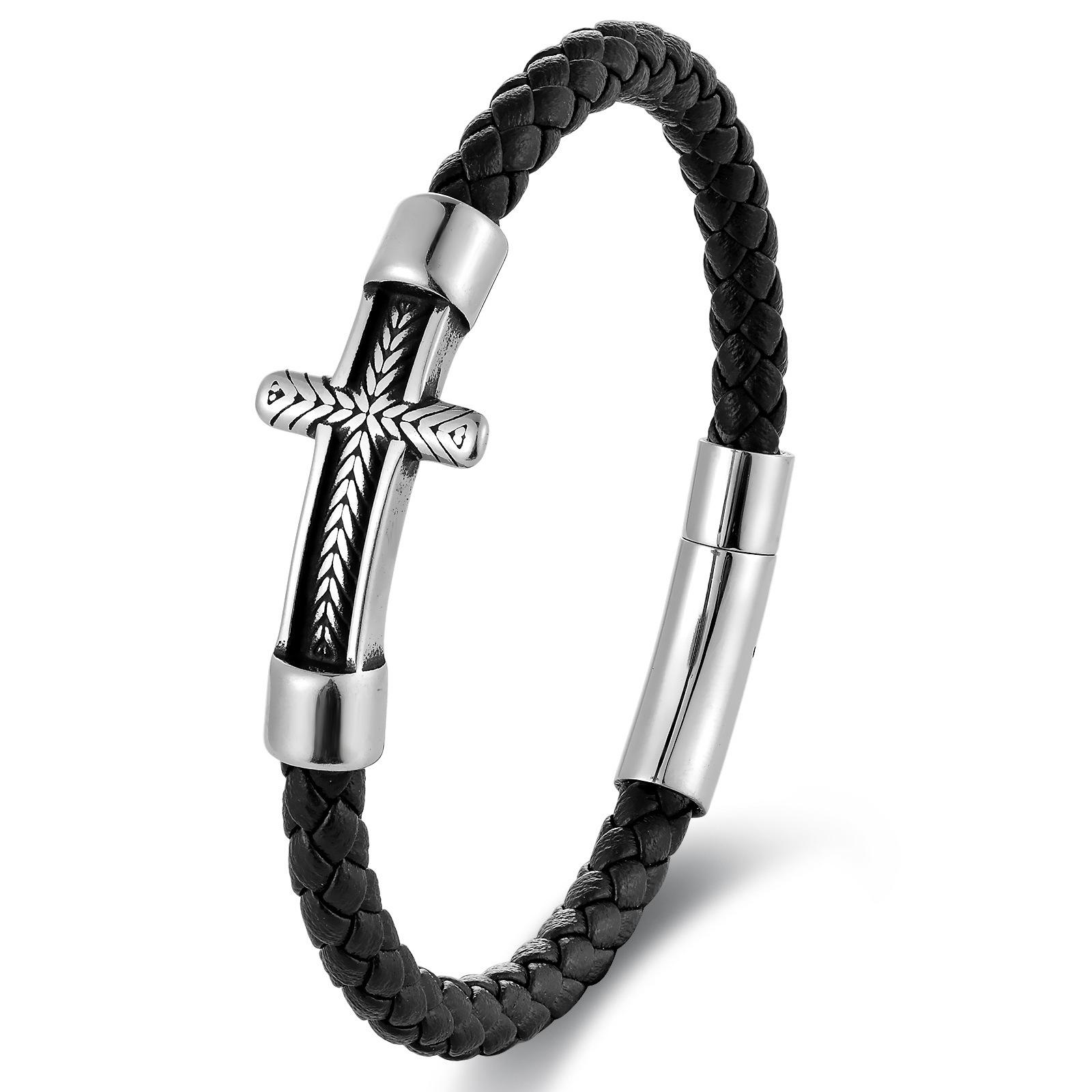 Men Black Double Layer Braided Leather Bracelet Handmade Multi Layer Genuine Leather Cross Cuff
