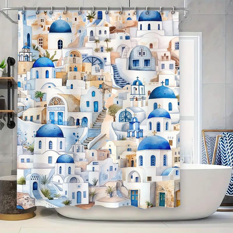 

Blue House Shower Curtain Bohemian Style Bathroom Decor Waterproof Printing Watercolor Print 3D Bath Mat Sets Modern Art Decorat W60H190(CM)-1 Pcs