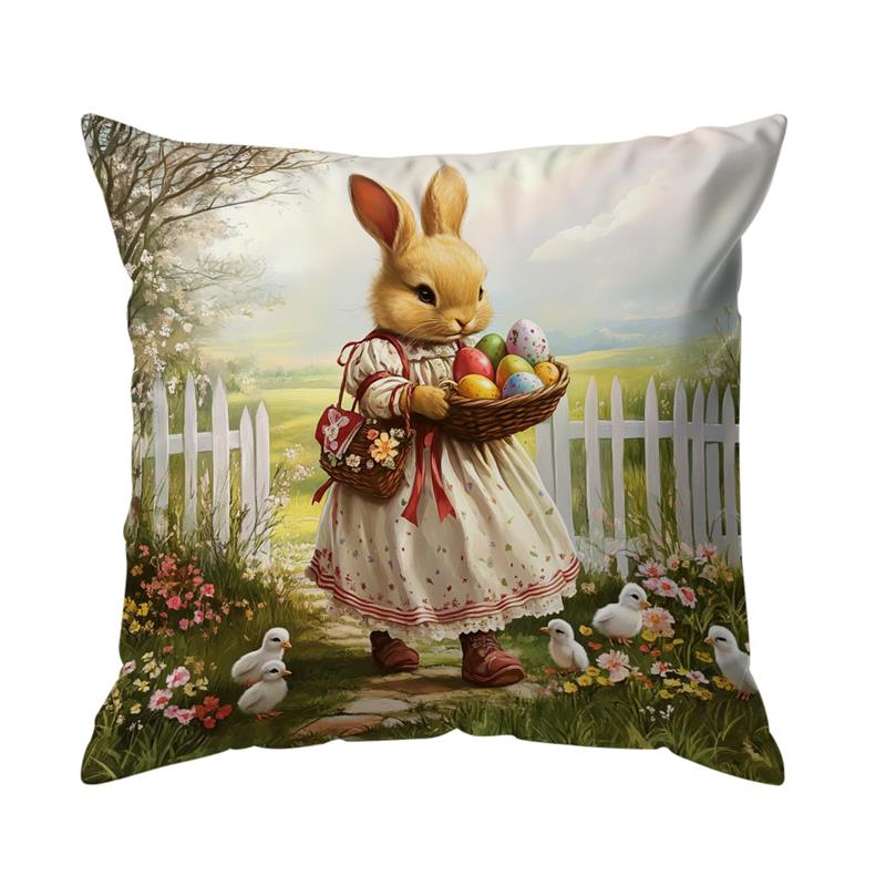 1 Pc Easter Day Pillow Cover Garden Rabbit Pattern Living Room Sofa Cushion Cover Farmhouse Home Room Decoration Holiday Gift