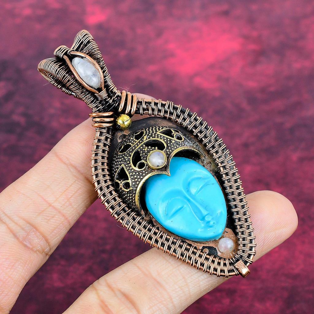 Blue Carved Bone Face Pendant Copper Wire Wrapped Pendant Handmade Jewelry Rainbow Moonstone Pendant Gemstone Copper Jewelry