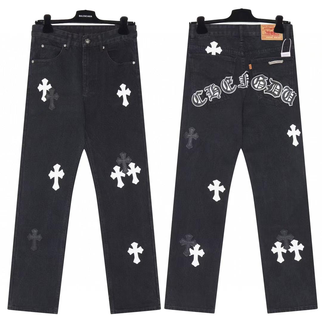 

9903 CHROME HEARTS Чоловічі та жіночі модні джинси в американському стилі з тканинними латками, повсякденні та модні штани хай-стріт 28